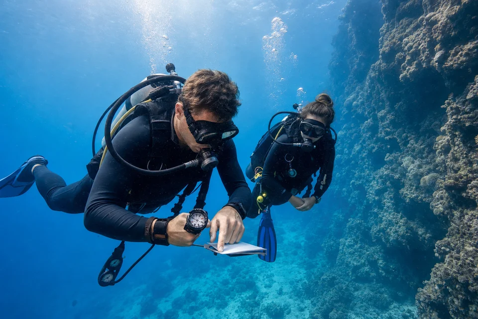 Advanced divers practicing underwater navigation beside a coral wall
