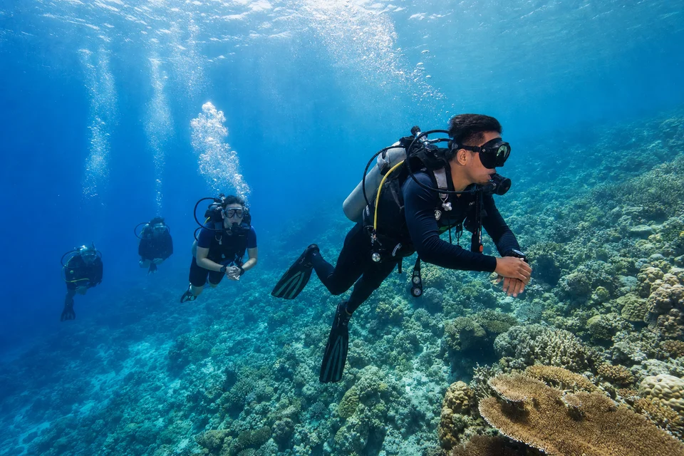 Divemaster leading a small group of certified divers over a coral reef
