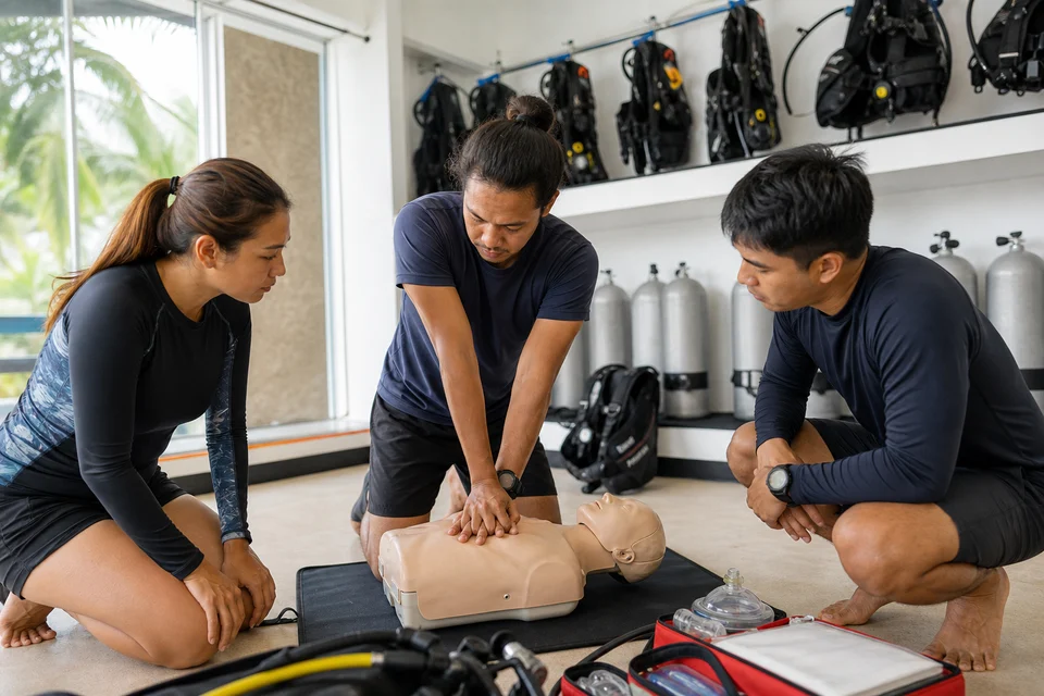 Emergency First Response students practicing CPR on a training manikin