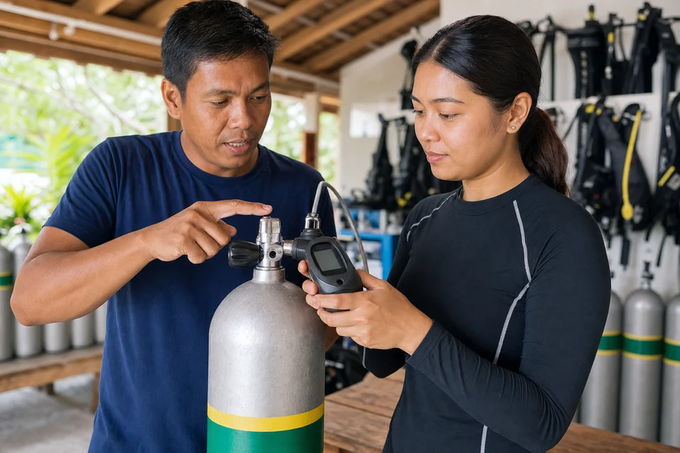 Diver learning to analyze an enriched air scuba cylinder