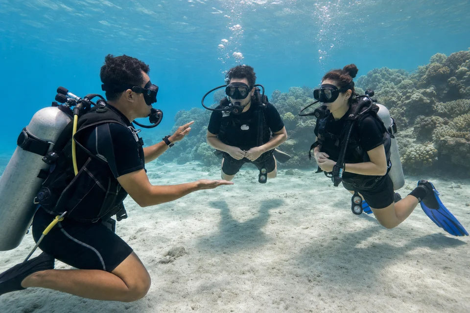 Open Water students practicing buoyancy with an instructor in clear tropical water