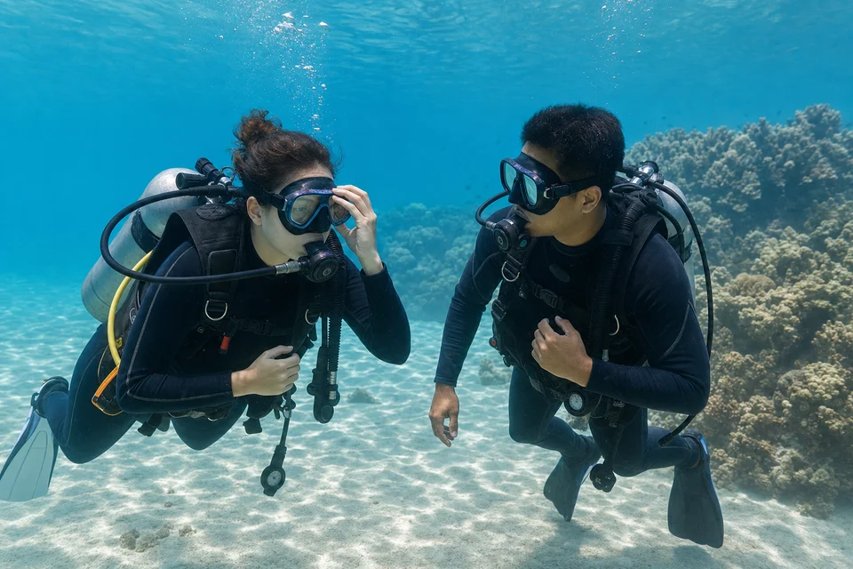 Returning diver refreshing mask skills and buoyancy with an instructor