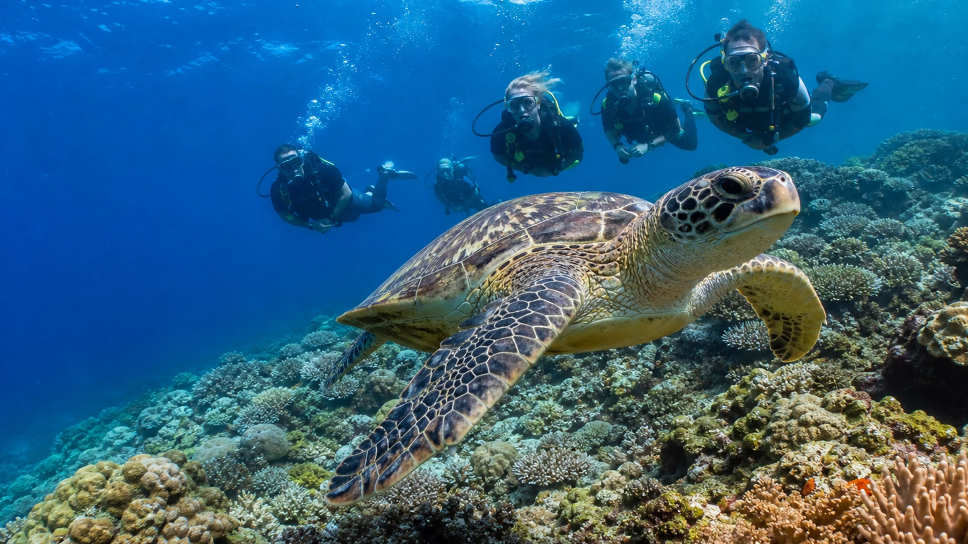 European recreational divers fun diving with a close sea turtle above a healthy coral reef in Siquijor