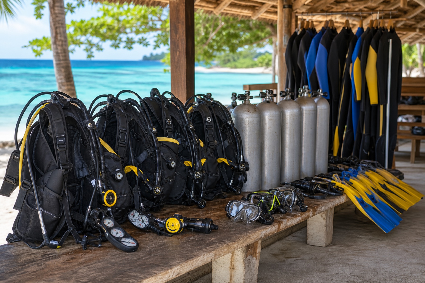 Organized scuba diving equipment at a tropical dive shop